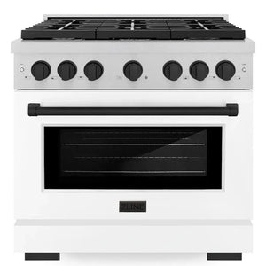 ZLINE Autograph 36" 5.2 cu. ft. Paramount Gas Range with 6 Burner Cooktop and Convection Gas Oven in Satin Stainless Steel with White Matte Door and Matte Black Accents, SGRSZ-WM-36-MB