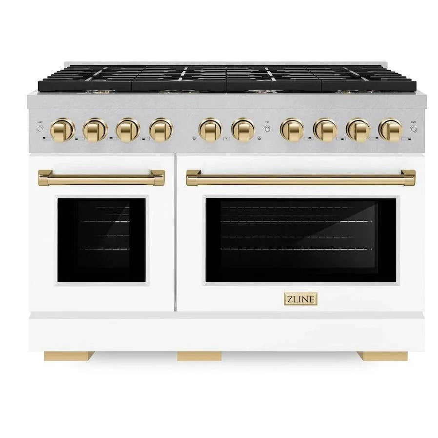ZLINE Autograph 48" 6.7 cu. ft. Paramount Double Oven Gas Range with 8 Burner Cooktop in Satin Stainless Steel with White Matte Doors and Polished Gold Accents, SGRSZ-WM-48-G