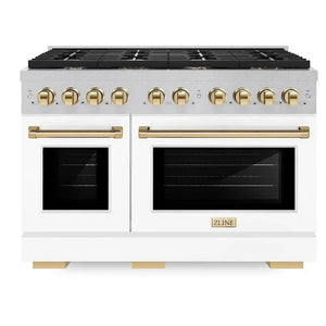 ZLINE Autograph 48" 6.7 cu. ft. Paramount Double Oven Gas Range with 8 Burner Cooktop in Satin Stainless Steel with White Matte Doors and Polished Gold Accents, SGRSZ-WM-48-G