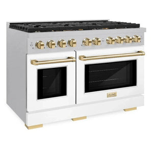 ZLINE Autograph 48" 6.7 cu. ft. Paramount Double Oven Gas Range with 8 Burner Cooktop in Satin Stainless Steel with White Matte Doors and Polished Gold Accents, SGRSZ-WM-48-G