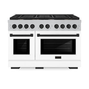 ZLINE Autograph 48" 6.7 cu. ft. Paramount Double Oven Gas Range with 8 Burner Cooktop in Satin Stainless Steel with White Matte Doors and Matte Black Accents, SGRSZ-WM-48-MB