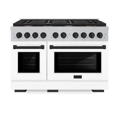 ZLINE Autograph 48" 6.7 cu. ft. Paramount Double Oven Gas Range with 8 Burner Cooktop in Satin Stainless Steel with White Matte Doors and Matte Black Accents, SGRSZ-WM-48-MB