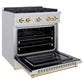 ZLINE Autograph 30" 4.2 cu. ft. Paramount Dual Fuel Range with 4 Burners in Stainless Steel with Polished Gold Accents, SDRZ-30-G