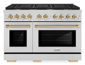 ZLINE Autograph 48" 6.7 cu. ft. Paramount Double Oven Dual Fuel Range with 8 Burners in Stainless Steel and Polished Gold Accents, SDRZ-48-G