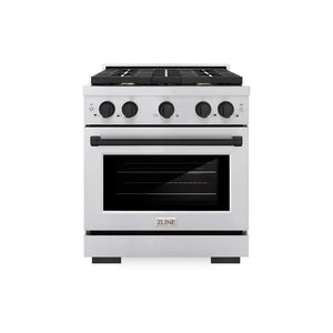 ZLINE Autograph Package - 30 In. Gas Range, Range Hood in Stainless Steel with Matte Black Accents, 2AKP-RGRH30-MB