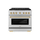 ZLINE Autograph Package - 36 In. Gas Range and Range Hood in Stainless Steel with Gold Accents, 2AKP-RGRH36-G