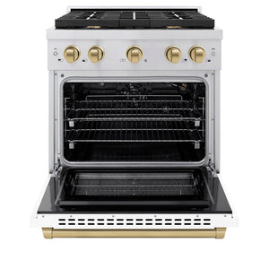 ZLINE Autograph Package - 30 In. Gas Range and Range Hood in Stainless Steel with White Matte Door and Champagne Bronze Accents, 2AKP-RGWMRH30-CB
