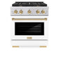 ZLINE Autograph Package - 30 In. Gas Range, Range Hood, Dishwasher in White Matte with Gold Accents, 3AKP-RGWMRHDWM30-G