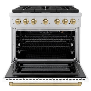 ZLINE Autograph 36" 5.2 cu. ft. Paramount Dual Fuel Range with 6 Burners with White Matte Door and Champagne Bronze Accents, SDRZ-WM-36-CB