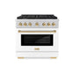 ZLINE Autograph Package - 36 In. Gas Range, Range Hood, Dishwasher in White with Gold Accents, 3AKP-RGWMRHDWM36-G