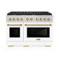 ZLINE Autograph Package - 48" Gas Range, Range Hood, and Dishwasher in White Matte and Satin Stainless Steel with Bronze Accents, 3AKPR-RASWMRHDWM48-CB, 3AKPR-RGSWMRHDWM48-CB