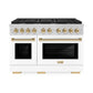 ZLINE Autograph Package - 48" Gas Range, Range Hood, and Dishwasher in White Matte and Satin Stainless Steel with Gold Accents, 3AKPR-RGSWMRHDWM48-G