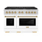 ZLINE Autograph Package - 48" Gas Range, Range Hood, and Dishwasher in White Matte and Satin Stainless Steel with Gold Accents, 3AKPR-RGSWMRHDWM48-G