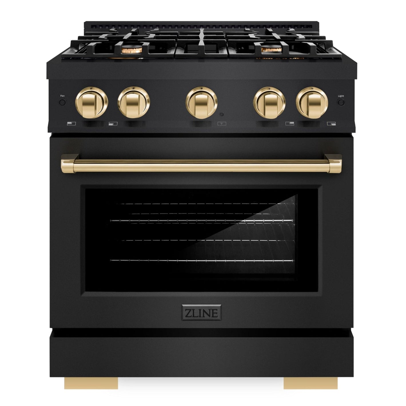 ZLINE Autograph 30" 4.2 cu. ft. Select Gas Range with 4 Burners in Black Stainless Steel and Polished Gold Accents, HGRBZ-30-G