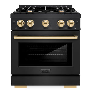 ZLINE Autograph 30" 4.2 cu. ft. Select Gas Range with 4 Burners in Black Stainless Steel and Polished Gold Accents, HGRBZ-30-G