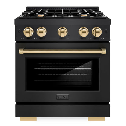 ZLINE Autograph 30" 4.2 cu. ft. Select Gas Range with 4 Burners in Black Stainless Steel and Polished Gold Accents, HGRBZ-30-G