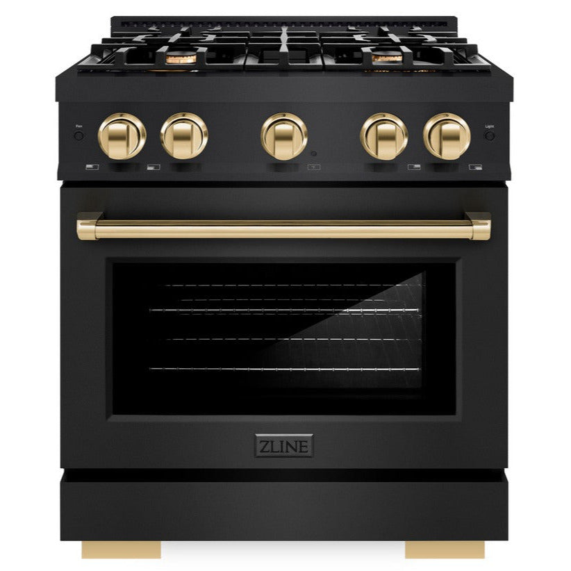 ZLINE Autograph 30" 4.2 cu. ft. Select Dual Fuel Range with 4 Burners in Black Stainless Steel with Polished Gold Accents, HDRBZ-30-G