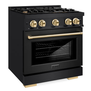 ZLINE Autograph 30" 4.2 cu. ft. Select Gas Range with 4 Burners in Black Stainless Steel and Polished Gold Accents, HGRBZ-30-G