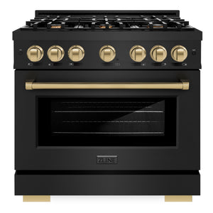 ZLINE Autograph 36" 5.2 cu. ft. Select Dual Fuel Range with 6 Burners in Black Stainless Steel with Champagne Bronze Accents, HDRBZ-36-CB