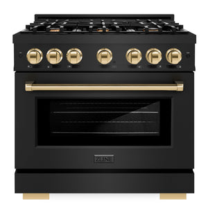 ZLINE Autograph 36" 5.2 cu. ft. Select Dual Fuel Range with 6 Burners in Black Stainless Steel with Polished Gold Accents, HDRBZ-36-G