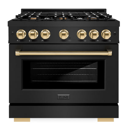 ZLINE Autograph 36" 5.2 cu. ft. Select Dual Fuel Range with 6 Burners in Black Stainless Steel with Polished Gold Accents, HDRBZ-36-G