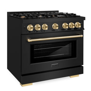 ZLINE Autograph 36" 5.2 cu. ft. Select Dual Fuel Range with 6 Burners in Black Stainless Steel with Polished Gold Accents, HDRBZ-36-G