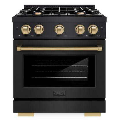 ZLINE Autograph 30" 4.2 cu. ft. Select Gas Range with 4 Burners in Black Stainless Steel and Champagne Bronze Accents, HGRBZ-30-CB