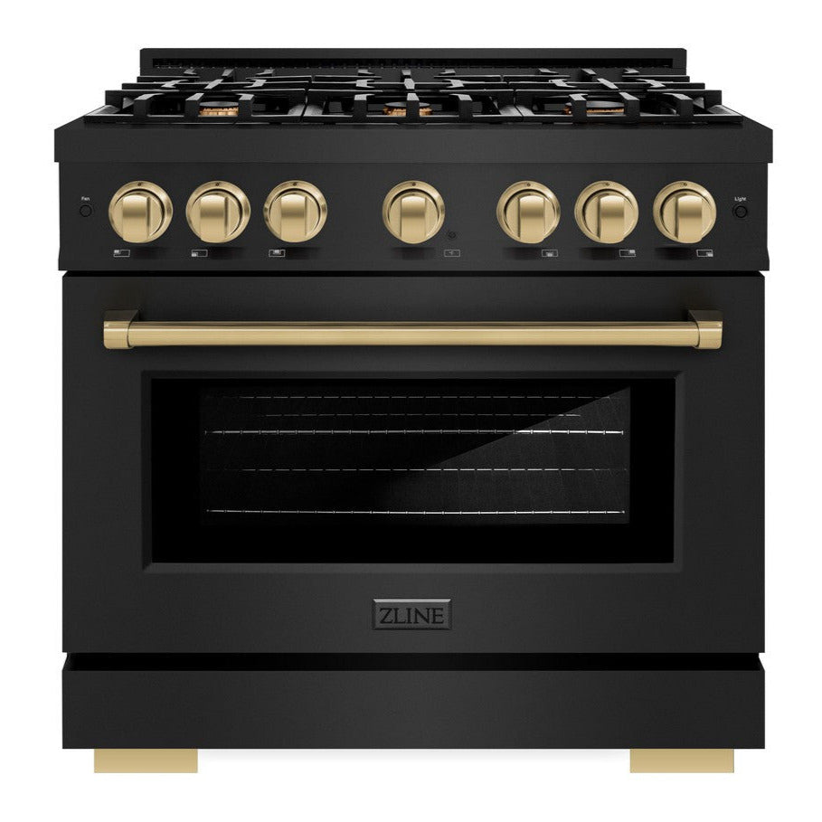 ZLINE Autograph 36" 5.2 cu. ft. Select Gas Range with 6 Burners in Black Stainless Steel and Champagne Bronze Accents, HGRBZ-36-CB