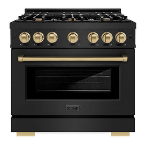 ZLINE Autograph 36" 5.2 cu. ft. Select Gas Range with 6 Burners in Black Stainless Steel and Champagne Bronze Accents, HGRBZ-36-CB