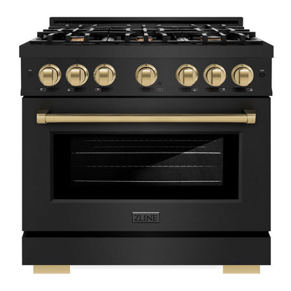 ZLINE Autograph 36" 5.2 cu. ft. Select Gas Range with 6 Burners in Black Stainless Steel and Champagne Bronze Accents, HGRBZ-36-CB