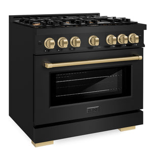 ZLINE Autograph 36" 5.2 cu. ft. Select Gas Range with 6 Burners in Black Stainless Steel and Champagne Bronze Accents, HGRBZ-36-CB