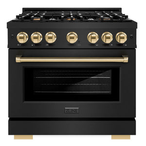 ZLINE Autograph 36" 5.2 cu. ft. Select Gas Range with 6 Burners in Black Stainless Steel and Polished Gold Accents, HGRBZ-36-G