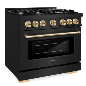 ZLINE Autograph 36" 5.2 cu. ft. Select Gas Range with 6 Burners in Black Stainless Steel and Polished Gold Accents, HGRBZ-36-G
