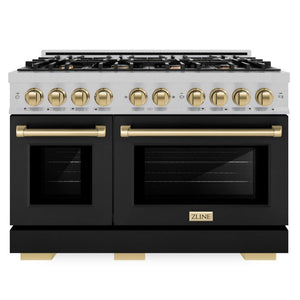 ZLINE Autograph 48" 6.7 cu. ft. Select Double Oven Gas Range with 8 Burner Cooktop in Satin Stainless Steel with Black Matte Doors and Champagne Bronze Accents, HGRSZ-BLM-48-CB