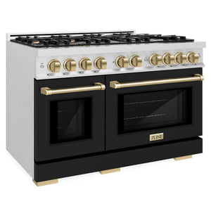 ZLINE Autograph 48" 6.7 cu. ft. Select Double Oven Gas Range with 8 Burner Cooktop in Satin Stainless Steel with Black Matte Doors and Champagne Bronze Accents, HGRSZ-BLM-48-CB