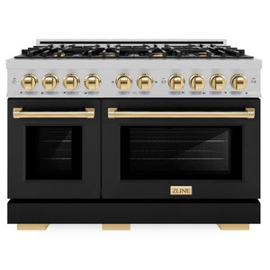 ZLINE Autograph 48" 6.7 cu. ft. Select Double Oven Gas Range with 8 Burner Cooktop in Satin Stainless Steel with Black Matte Doors and Polished Gold Accents, HGRSZ-BLM-48-G