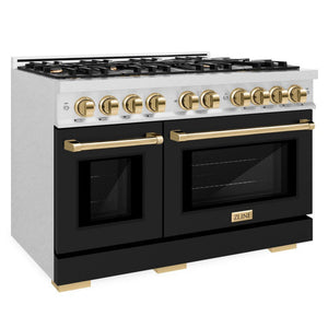 ZLINE Autograph 48" 6.7 cu. ft. Select Double Oven Gas Range with 8 Burner Cooktop in Satin Stainless Steel with Black Matte Doors and Polished Gold Accents, HGRSZ-BLM-48-G