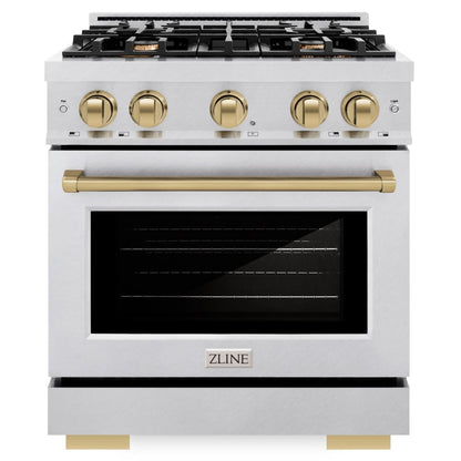 ZLINE Autograph 30" 4.2 cu. ft. Select Dual Fuel Range with 4 Burner Gas Cooktop and Electric Convection Oven in Satin Stainless Steel with Champagne Bronze Accents, HDRSZ-30-CB