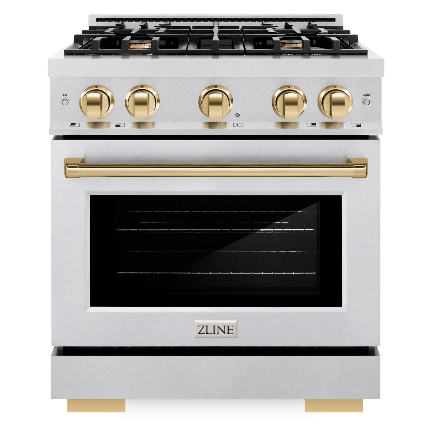 ZLINE Autograph 30" 4.2 cu. ft. Select Dual Fuel Range with 4 Burner Gas Cooktop and Electric Convection Oven in Satin Stainless Steel with Polished Gold Accents, HDRSZ-30-G