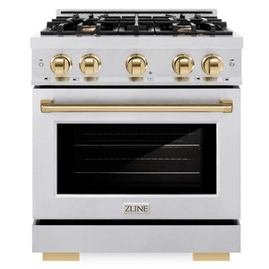 ZLINE Autograph 30" 4.2 cu. ft. Select Dual Fuel Range with 4 Burner Gas Cooktop and Electric Convection Oven in Satin Stainless Steel with Polished Gold Accents, HDRSZ-30-G