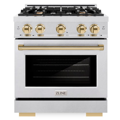 ZLINE Autograph 30" 4.2 cu. ft. Select Dual Fuel Range with 4 Burner Gas Cooktop and Electric Convection Oven in Satin Stainless Steel with Polished Gold Accents, HDRSZ-30-G
