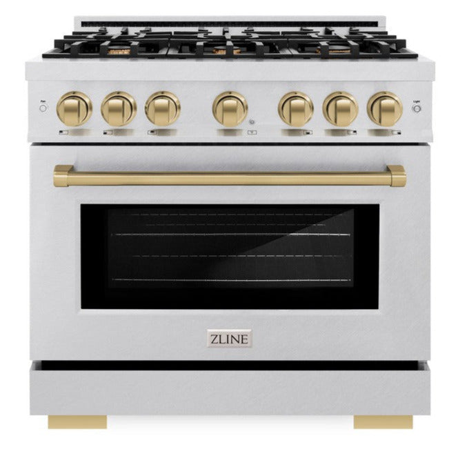ZLINE Autograph 36" 5.2 cu. ft. Select Dual Fuel Range with 6 Burner Gas Cooktop and Electric Convection Oven in Satin Stainless Steel with Champagne Bronze Accents, HDRSZ-36-CB