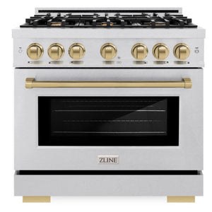 ZLINE Autograph 36" 5.2 cu. ft. Select Dual Fuel Range with 6 Burner Gas Cooktop and Electric Convection Oven in Satin Stainless Steel with Champagne Bronze Accents, HDRSZ-36-CB