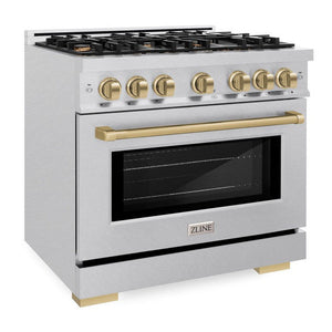 ZLINE Autograph 36" 5.2 cu. ft. Select Dual Fuel Range with 6 Burner Gas Cooktop and Electric Convection Oven in Satin Stainless Steel with Champagne Bronze Accents, HDRSZ-36-CB