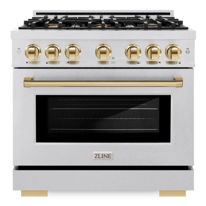 ZLINE Autograph 36" 5.2 cu. ft. Select Dual Fuel Range with 6 Burner Gas Cooktop and Electric Convection Oven in Satin Stainless Steel with Polished Gold Accents, HDRSZ-36-G