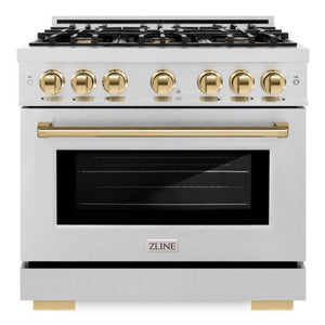 ZLINE Autograph 36" 5.2 cu. ft. Select Dual Fuel Range with 6 Burner Gas Cooktop and Electric Convection Oven in Satin Stainless Steel with Polished Gold Accents, HDRSZ-36-G
