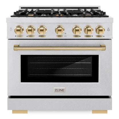 ZLINE Autograph 36" 5.2 cu. ft. Select Dual Fuel Range with 6 Burner Gas Cooktop and Electric Convection Oven in Satin Stainless Steel with Polished Gold Accents, HDRSZ-36-G