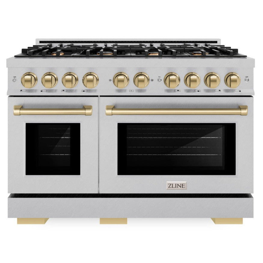 ZLINE Autograph 48" 6.7 cu. ft. Select Double Oven Dual Fuel Range with 8 Burner Gas Cooktop in Satin Stainless Steel and Champagne Bronze Accents, HDRSZ-48-CB