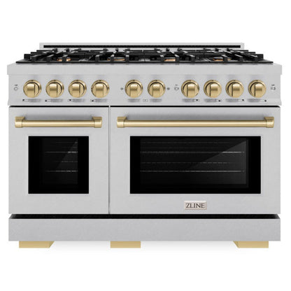 ZLINE Autograph 48" 6.7 cu. ft. Select Double Oven Dual Fuel Range with 8 Burner Gas Cooktop in Satin Stainless Steel and Champagne Bronze Accents, HDRSZ-48-CB