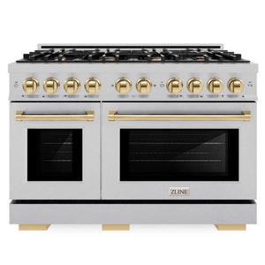 ZLINE Autograph 48" 6.7 cu. ft. Select Double Oven Dual Fuel Range with 8 Burner Gas Cooktop in Satin Stainless Steel and Polished Gold Accents, HDRSZ-48-G